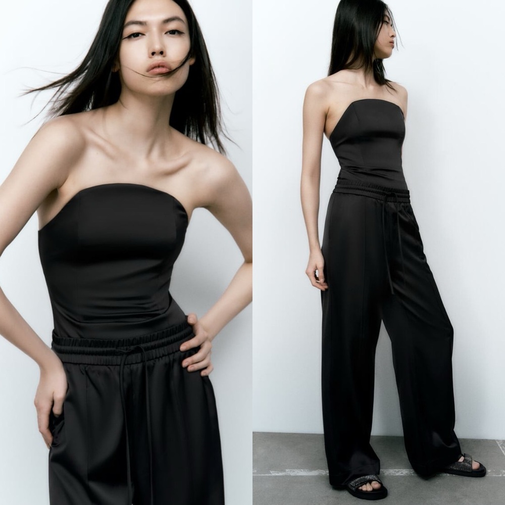 Zara Satin Bodysuit Black Bodycon Bodysuit size Small